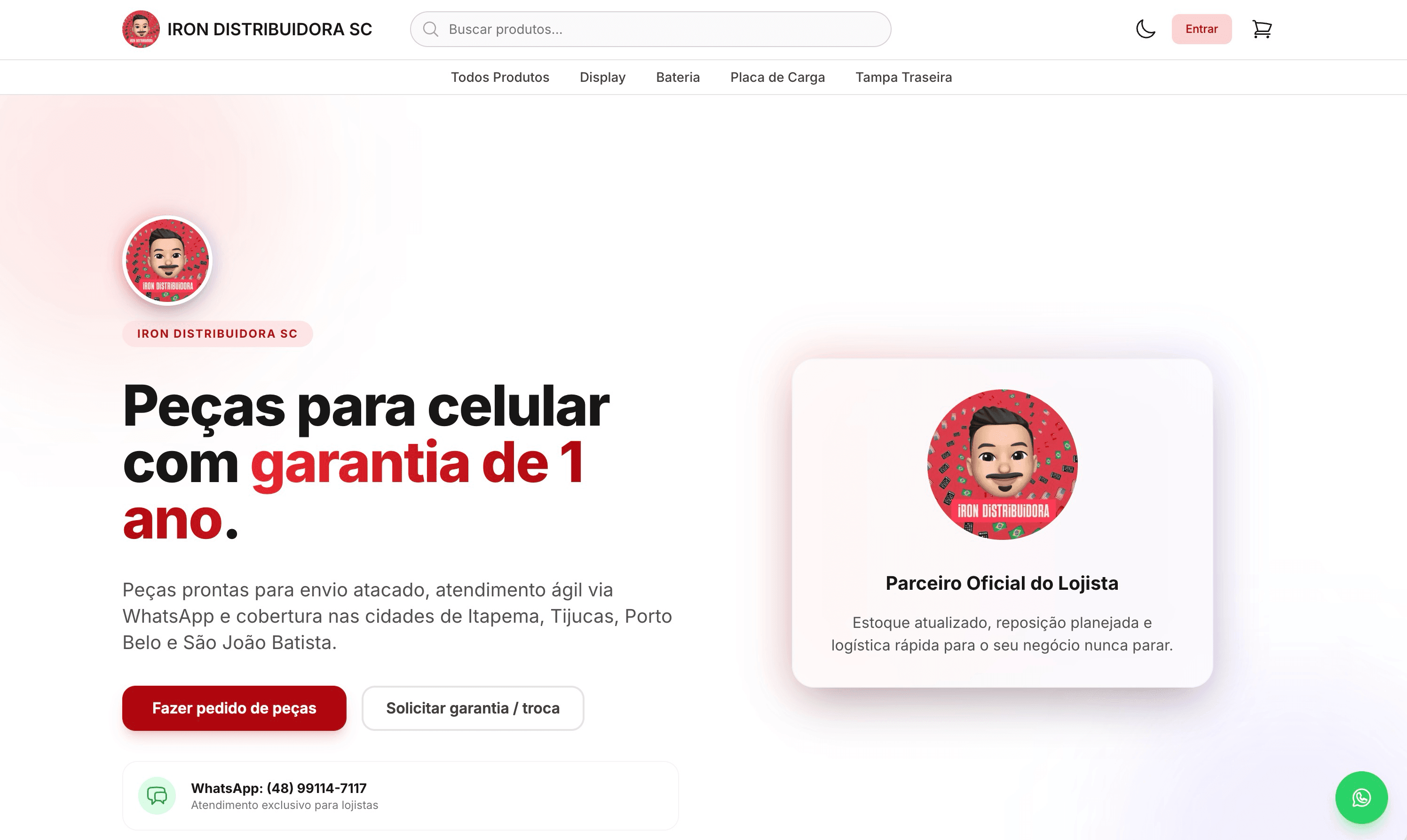 Página principal da Iron Distribuidora SC no desktop