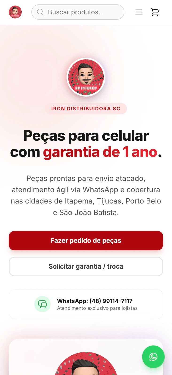 Página principal da Iron Distribuidora SC no mobile