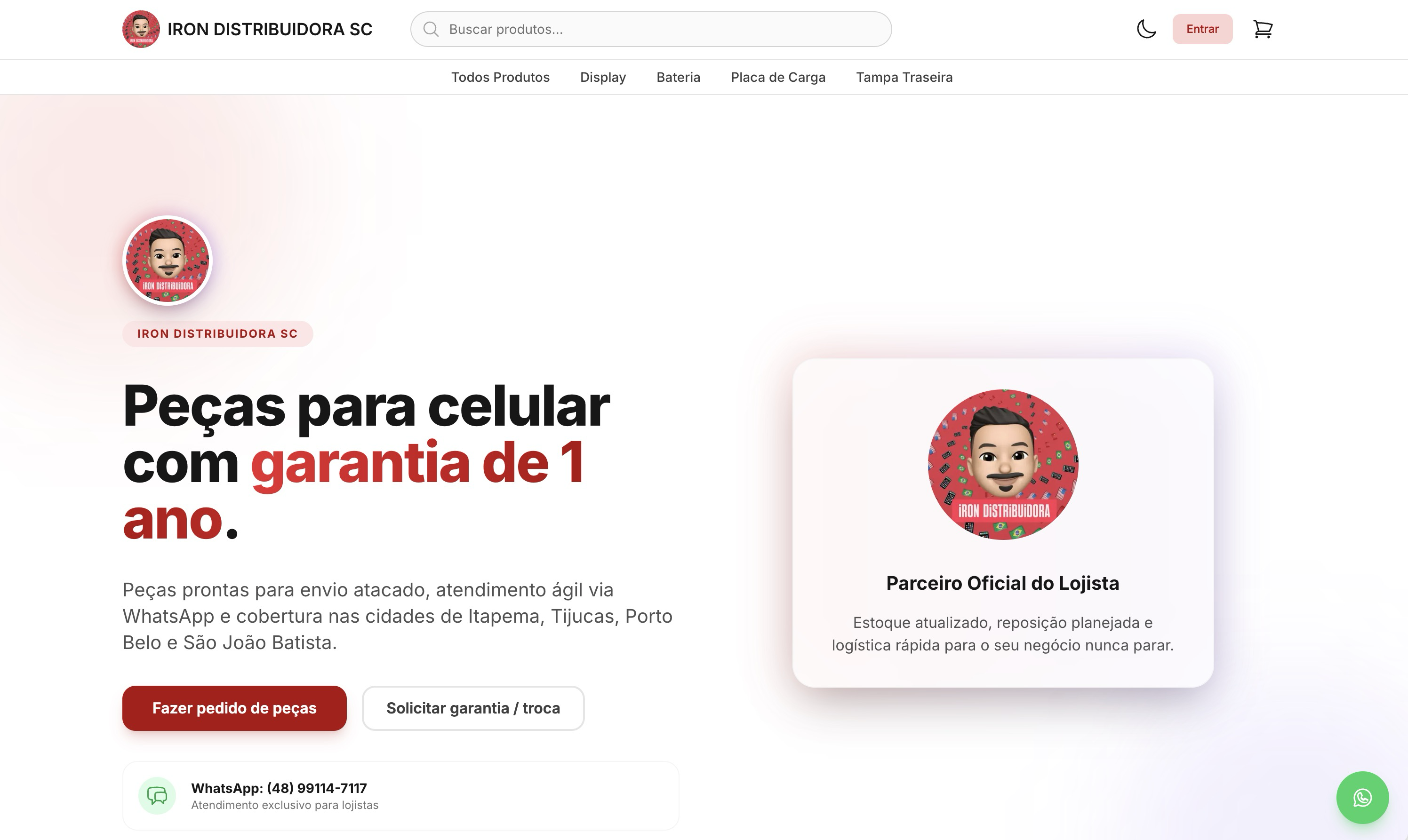 Página principal da Iron Distribuidora SC no desktop